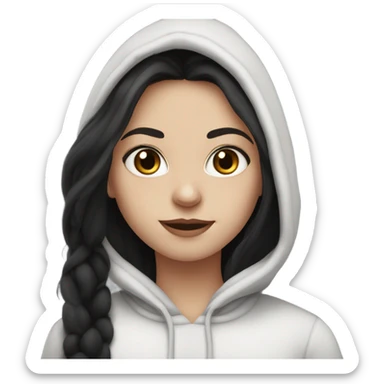 White skinned girl with long dark hair and hazel eyes and black fur hood sticker
