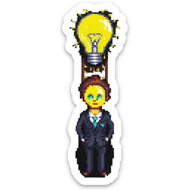 businessman with a lightbulb over his head, pixel art style sticker
