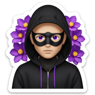 no visible face non human cartoon character related to a shadow, with all black clothes, focusing a black hoodie, and a versace face mask covering his entire face, just his purple shadow eyes making a light bloom sticker