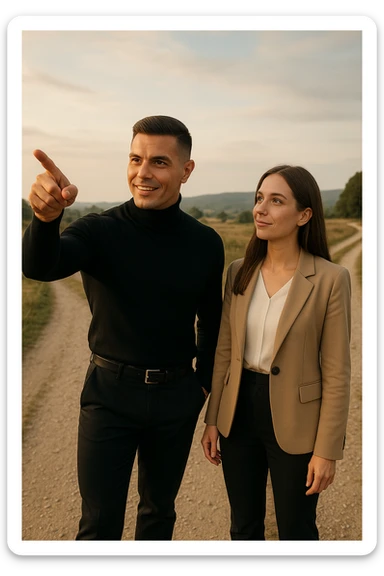 Editorial photo of a confident man standing at a crossroads, pointing decisively toward a clear path ahead. Beside him, a woman looks at him with trust and readiness to follow. Both are well-dressed, the setting is an open landscape with soft, natural light. The mood is one of leadership, guidance, and partnership. sticker