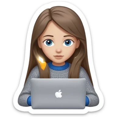 moji of a cute 3D girl with long straight brown hair and big blue eyes, wearing a grey knitted sweater. She is typing on a silver MacBook laptop, white background. sticker