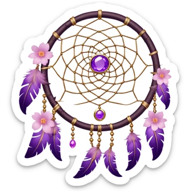 A white-circle-framed Dreamcatcher, with purple-round-orb-stones, gold-ring-accents, purple tint flowers, pink sakura flowers, sticker