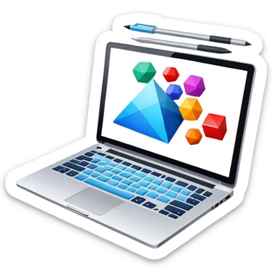 Professional icon for Graphic Design: a laptop with Photoshop open on the screen, displaying geometric shapes like spheres, cubes, and pyramids, along with a stylus. The icon should reflect the creative process in graphic design. Transparent background. sticker
