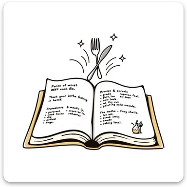 Whimsical enchanted cookbook with magical fork and spoon emblem that's animated with sparkling fairy dust, magical recipe collection sticker