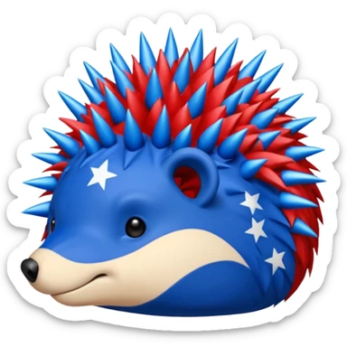 Red and blue Porcupine facing right. Bottom layer red: covers feet, round face with no facial features and 2 spikes. blue upper layer 6 spikes, 3 white 5 pointed stars in the middle of the blue. sticker