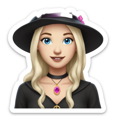 Witchy brunette haired blue eyed white girl with a witty smile a gold necklace and a black witch hat with a pink bow sticker