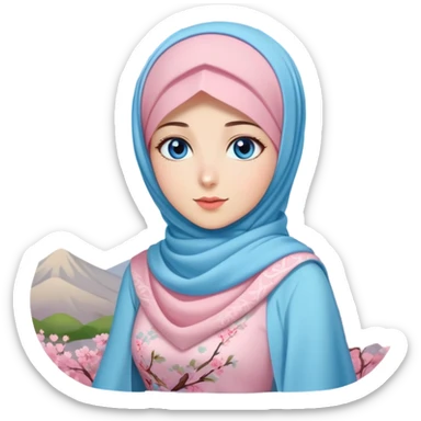 Turkish beautiful finish Konya girls blue eyes with lovely cherry blossom hijab long tail dress and blue sky background  sticker