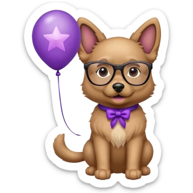 dog holding purple star balloon in hand with black glasses close view  sticker