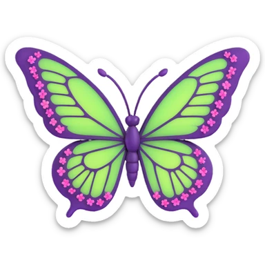 a fantasy butterfly in vibrant #c0ff53 green with deep purple edges, glowing pink details, intricate veins, surrounded by sparkling magical dust and tiny pink flowers, 3D cartoon style, elegant fantasy, transparent background, Discord role icon sticker