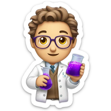 Cute middle aged cub scientist holding a flask of purple liquids sticker
