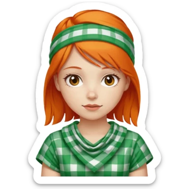 girl orange hair, wear red and white checkered bandana, green dress sticker