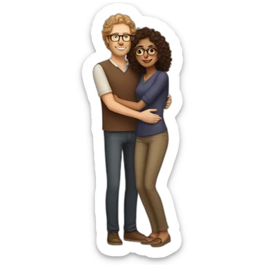 Tall white man with brown hair and glasses hugging an Indian woman with curly hair sticker
