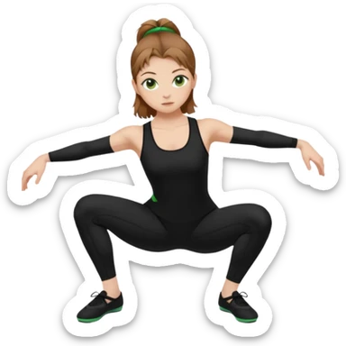 Beautiful woman with light brown shoulder length hair popping a squat without any weights. Make her with a little lighter, brown hair and green eyes. Make her fair skinned and wearing a black workout suit. make her wearing black ballet flats. sticker