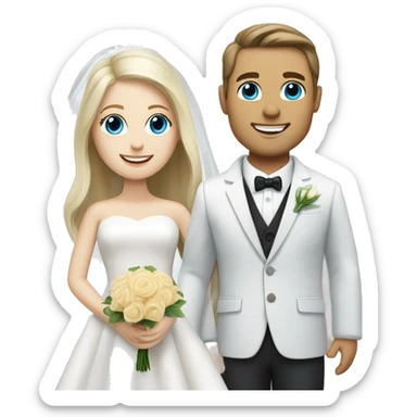 Wedding couple, groom white skin with dark brown hair and brown eyes, bright with white skin blonde hair and blue eyes sticker