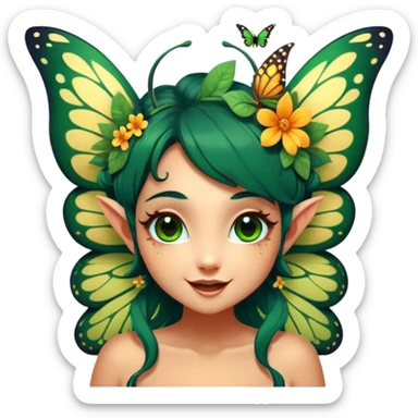 Cinematic Realistic Forest Fairy Portrait, head tilted dramatically with an exaggeratedly amused expression, featuring a striking, nature-infused form with glowing, sun-kissed tanned skin and vividly detailed dark green hair adorned with floral accents. Her expressive eyes brim with playful forest mischief, rendered with vibrant, lifelike textures and dynamic dappled lighting that conveys a spirited, over‐the‐top woodland whimsy showing her large butterfly wings from her back. sticker