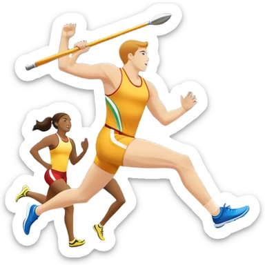 An icon featuring a collage of track and field equipment: a javelin, shot put, discus, high jump bar, and running shoes. The background shows a lively stadium with cheering fans, bright lights, and a clear sky, symbolizing the diversity of athletics. Transparent background emphasizes the sport. sticker