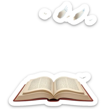 Icon for Poetry Reading: an open book with verses on the pages, from which fly pages transforming into a large flock of small white birds soaring into the blue sky. The icon should evoke the freedom and beauty of poetry. Transparent background. sticker