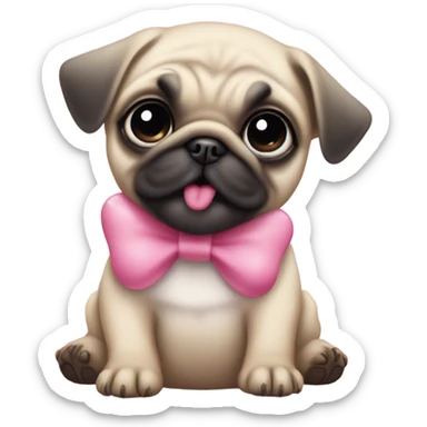 Baby pug with big pink
eyes wearing a pink bow on her head and a daisy in her mouth  sticker