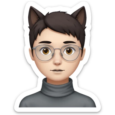 personagem com corte de cabelo o corte de cabelo Wolf cut o nome do corte de cabelos indo até o pescoço, cabelo castanho escuro, olho castanho escuro, sombrancelha castanho escuro, óculos sem aro prata quadrado. rosto fino, meio emo sabe  sticker