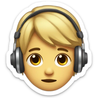 Illustrate a melancholic emoji of a straight sad boy, head bowed, with headphones on, lost in the emotional melodies of heartbreak. sticker