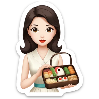 Beautiful woman in 1950’s woman fashion look, white dress, long dark brown hair, Japanese bento sticker