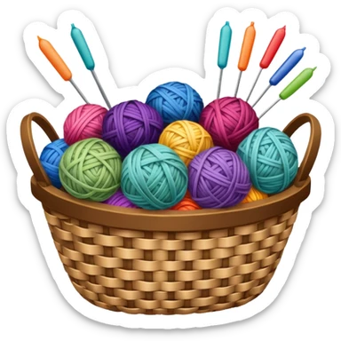 A woven basket filled with colorful yarn balls and knitting needles. sticker