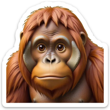 Cinematic Noble Orangutan Portrait Emoji, Poised and regal, with a robust, thoughtful build and deep, soulful eyes framed by rich, textured fur, Simplified yet sharp and sophisticated features, highly detailed, glowing with a soft, earthy glow, high shine, intelligent and contemplative, stylized with an air of ancient wisdom, focused and commanding, soft glowing outline, capturing the essence of a watchful and confident guardian that appears ready to step out of the screen with timeless authority! sticker