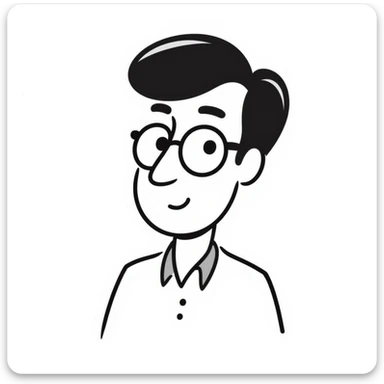 A man with an oval-shaped head, big forehead, receding hairline, dark hair, big dark eyebrows, long nose, wearing clear eyeglasses sticker
