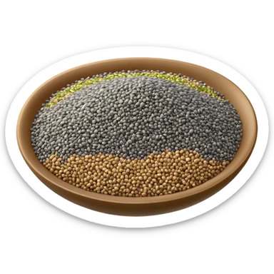 chia seeds small scatter tiny oval seeds black grey white smooth glossy light organic texture soft cluster no bowl spoon packaging no faces clean 3D soft shadows transparent background emoji scale sticker
