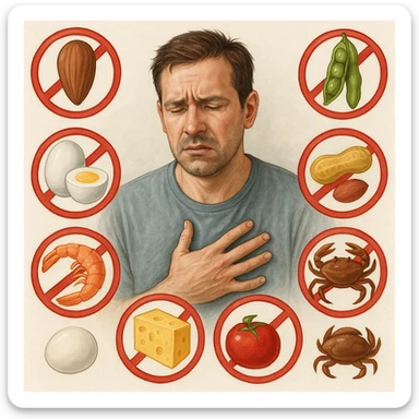 A 40-year-old man suffering from food intolerances, inspired by the reference image, with a pained or worried expression, surrounded by symbols of forbidden foods such as nuts, honey, peas, eggs, tomato, peanuts, shrimp, cheese, crab. Realistic or illustrative style with a light background, conveying an atmosphere of food discomfort. sticker