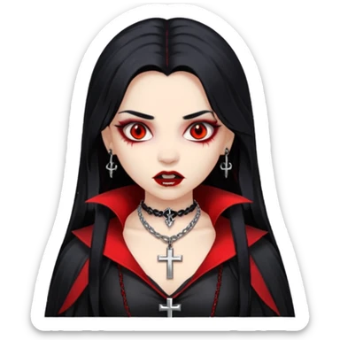 a girl with a very light skin,red eyes,fangs like vampire,black hair with red mesh,with goth clothes and a chain with a cross on it sticker