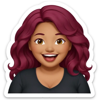 Plus size red hair brown face small eyes long hair Asian eyes small eyes wavy hair eye lashes burgundy hair black shirt laughing  sticker
