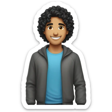 young hispanic guy with very curly longer black  hair and no beard or mustache, and with sweet smile sticker