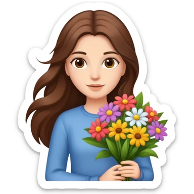 A cool girl with long brown hair and fair skin holding a bouquet of flowers sticker