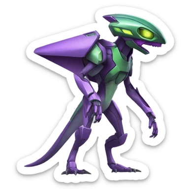 a purple-green Genesect-Raptor-Fakémon—hybrid with a futuristic visor-helmet full body sticker