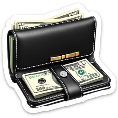 Rich emoji style black leather wallet with dollar bills, luxury money vibe, premium 3D emoji, ultra clean, high detail, no background sticker
