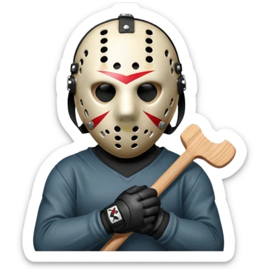 a cartoon image of Jason Voorhees, looking cute, with his hands clasped in front of him, at a sideways angle sticker