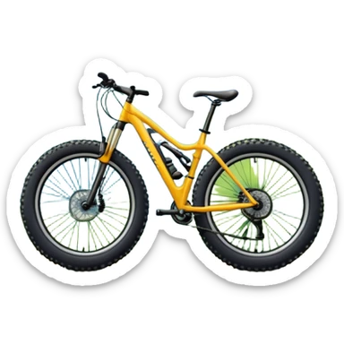 The background showcases majestic mountains, lush green valleys, and a bright blue sky with fluffy clouds. The sun casts warm light over the landscape, emphasizing the beauty of outdoor cycling. a mountain bike standing on a scenic trail.  sticker