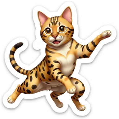 A spotted Bengal cat mid-air, jumping forward with claws out, energetic and wild, cartoon style, transparent background. sticker