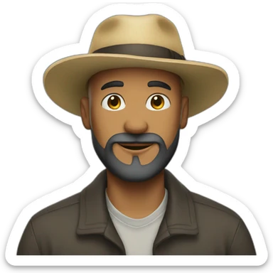 A bearded bald man with a hat sticker