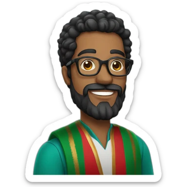 Black hair and beard man with glasses holding Moroccan flag sticker