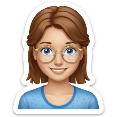 Girl with light skin, brown hair, blue eyes, freckles, and gold glasses smiling sticker