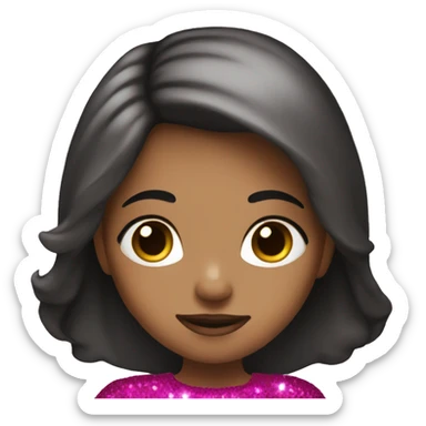 A girl with long hair black,fucsia dress,brown eyes,glitter sticker