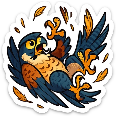 A stylized falcon tumbling through the air, feathers flying, cartoonish exaggeration, no background sticker
