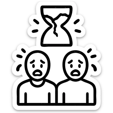 ultra-minimalist outlined icon of two figures, trembling clock or hourglass, extremely worn and eroded texture, anxious and stressed expressions, sense of terror sticker
