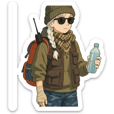 1 female, long white braid, knit cap, dark sunglasses, shemegh neckwrap, fishing vest, vibrant shool backpack, drab hoodie, handwraps, blue camo pants, handheld radio clipped to shoulder, unkempt, holding a bottle of water sticker