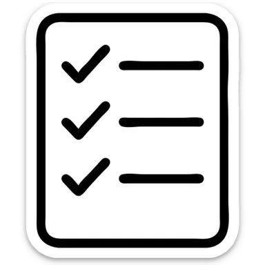 minimalistic bold white line icon in Netflix UI style, rectangle with three checkmarks and horizontal lines, clean geometric lines, perfectly readable at small sizes sticker