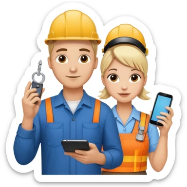 handsome White male electrician with tool and pretty blond office administrhair stylist with a bun holding phone sticker