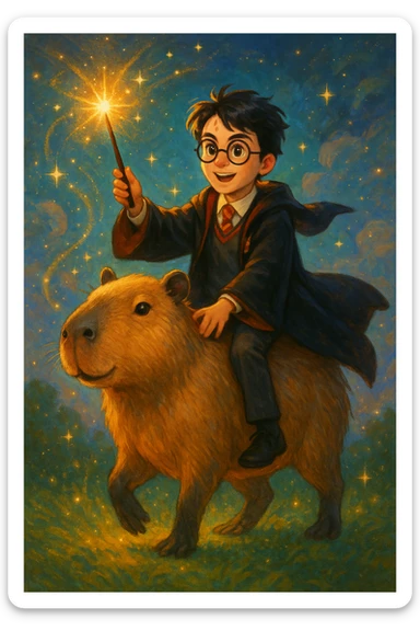 Harry Potter riding a capybara, whimsical, magical, clear character details sticker