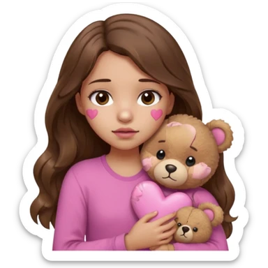 girl with long wavy brown hair, brown eyes, light to medium complexion, in a pink shirt, pink lips, long lashes, sad, hugging squeezing a teddy bear with bandaid hearts sticker